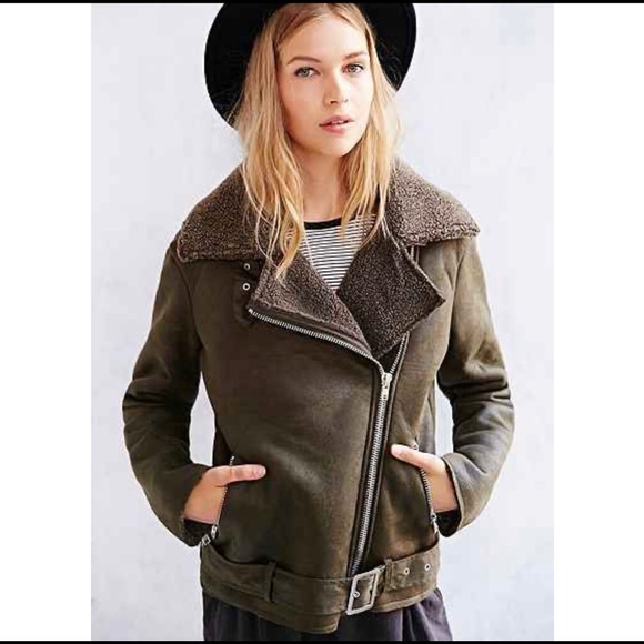 Uo Faux Sherpa Moto Jacket S Olive 